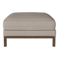 Beige upholstered ottoman with a simple design and a natural wood frame. Perfect for modern decor.