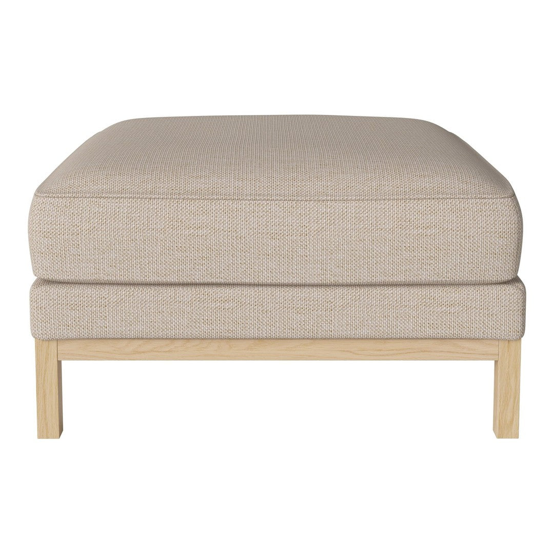Beige upholstered ottoman with a simple, textured pattern on a light wooden frame. Perfect for modern decor.