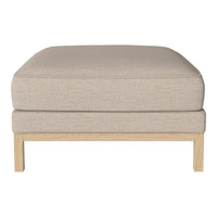 Beige upholstered ottoman with a simple, textured pattern on a light wooden frame. Perfect for modern decor.