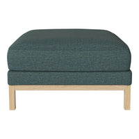 Teal upholstered ottoman with a textured pattern and natural wood legs, perfect for modern decor.
