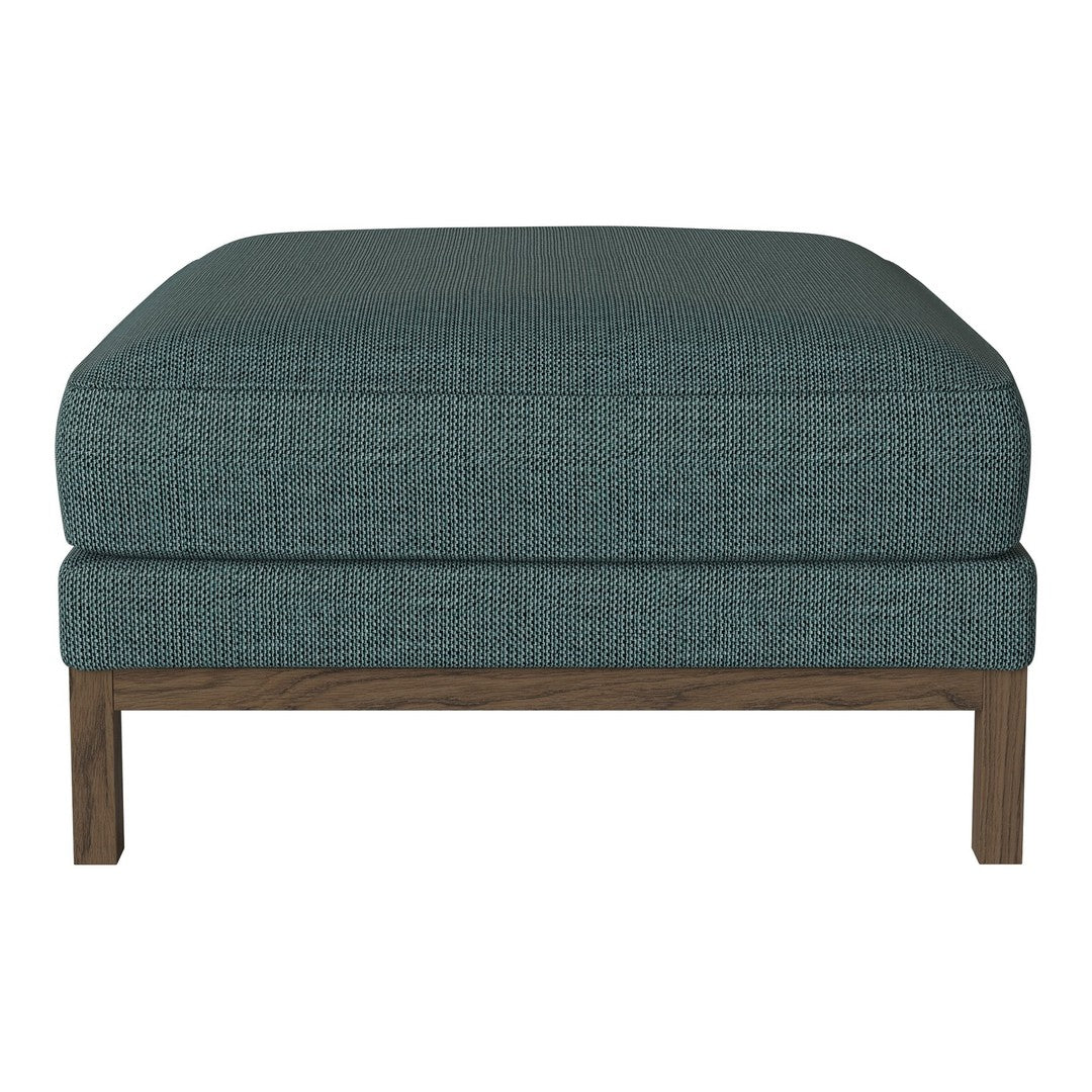 Teal upholstery with a textured pattern and light wood legs. Modern ottoman design for contemporary decor.