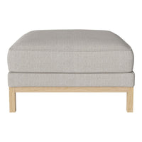 Light grey upholstered ottoman with a smooth texture and natural wood base. Perfect for modern home decor.