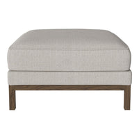 Light grey upholstered ottoman with a smooth texture and wood legs, perfect for modern decor.