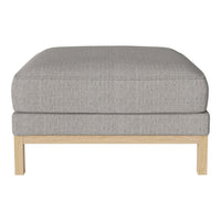 Gray textured ottoman with a minimalist design, featuring a light wooden frame. Perfect for modern decor.