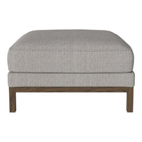 Gray upholstered ottoman with subtle textured pattern and wooden legs. Ideal for modern decor.