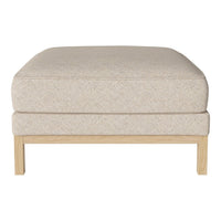 Beige upholstered ottoman with a textured pattern and natural wood legs. Ideal for modern decor.
