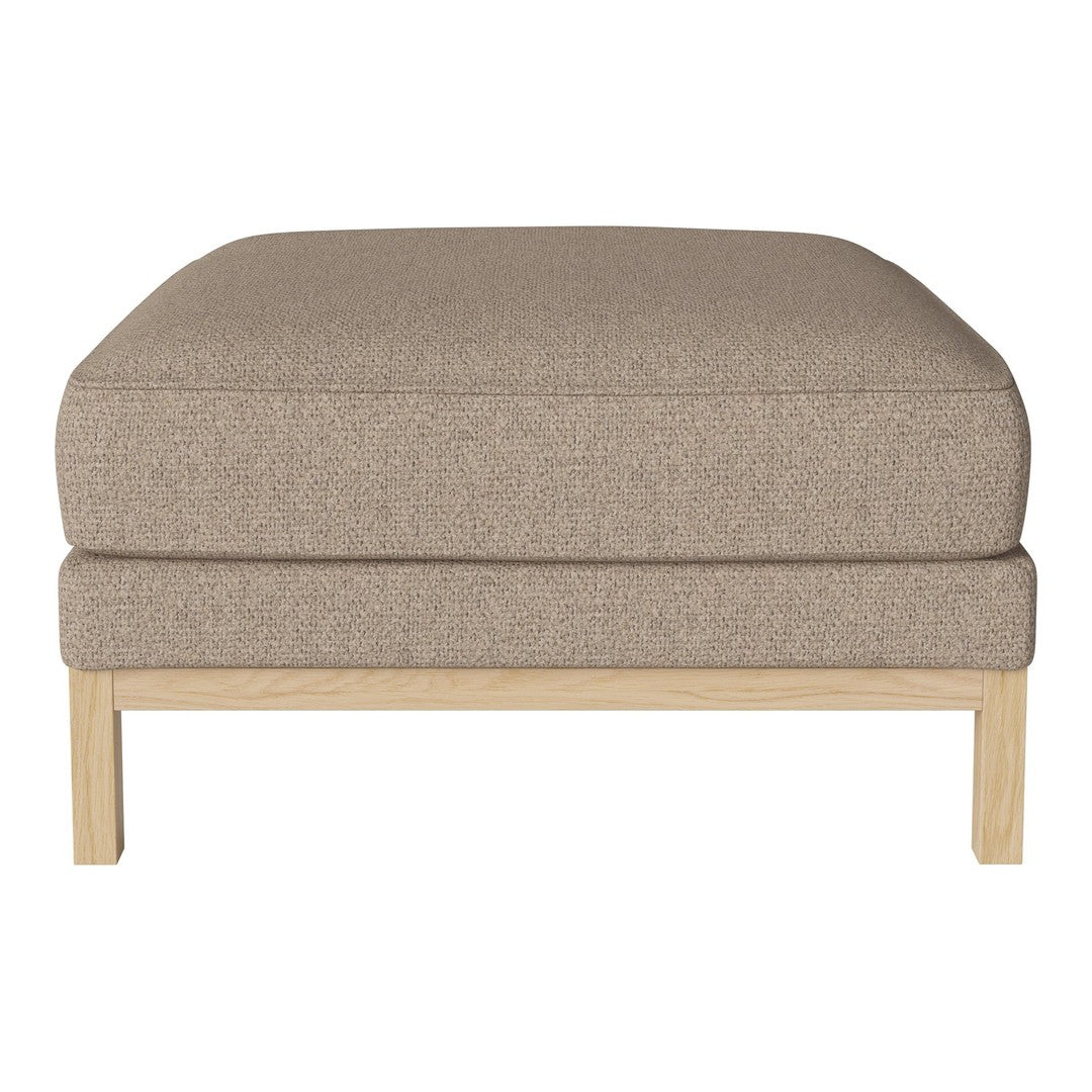 Beige upholstered ottoman with a textured fabric and light wood base. Perfect for minimalist or modern decor.