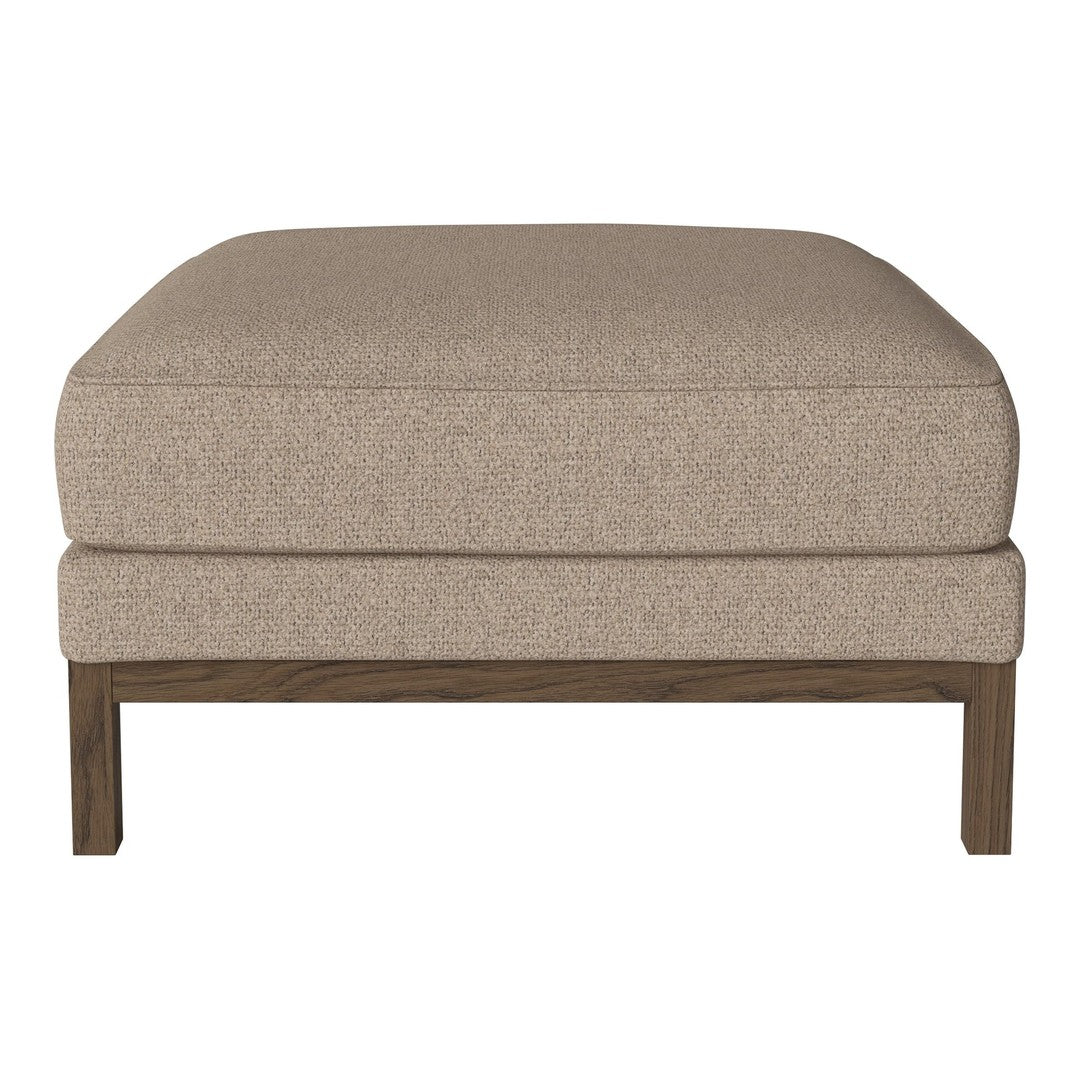 Light beige upholstered ottoman with a textured pattern and wooden legs, perfect for any contemporary living space.