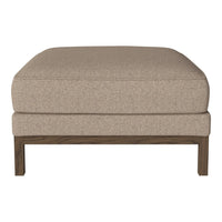 Light beige upholstered ottoman with a textured pattern and wooden legs, perfect for any contemporary living space.