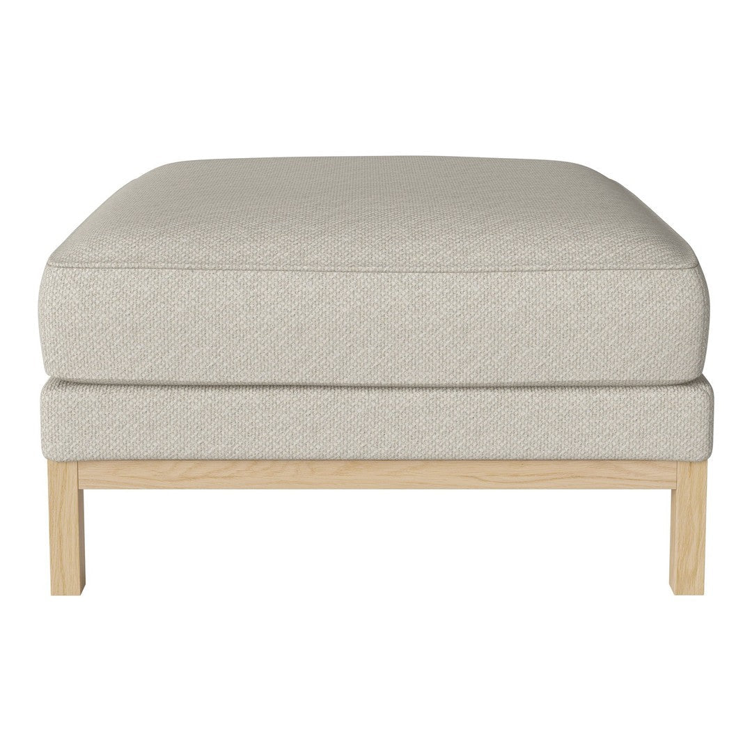 Light gray upholstered ottoman with a textured pattern and natural wood legs. Modern and versatile design.