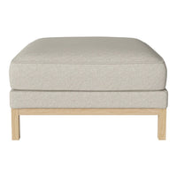 Light gray upholstered ottoman with a textured pattern and natural wood legs. Modern and versatile design.
