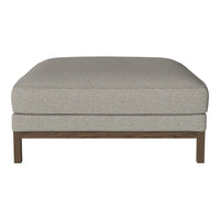 Light gray upholstered ottoman with subtle texture, featuring a sleek wooden base, perfect for modern decor.