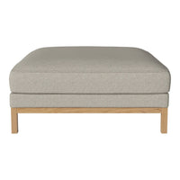Light gray upholstered ottoman with a minimalist design and natural wood legs. Perfect for modern decor.