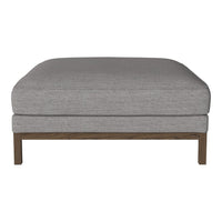 Gray upholstered ottoman with a modern design, featuring a sleek wooden base and a minimalist pattern.