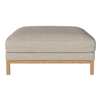 Beige upholstered ottoman with a smooth texture and light wooden legs, minimalist design for modern decor.