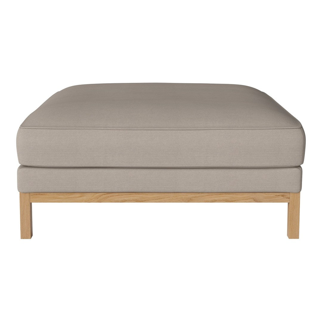 Beige cushioned ottoman with a smooth texture, featuring a light wooden base and minimalist design.