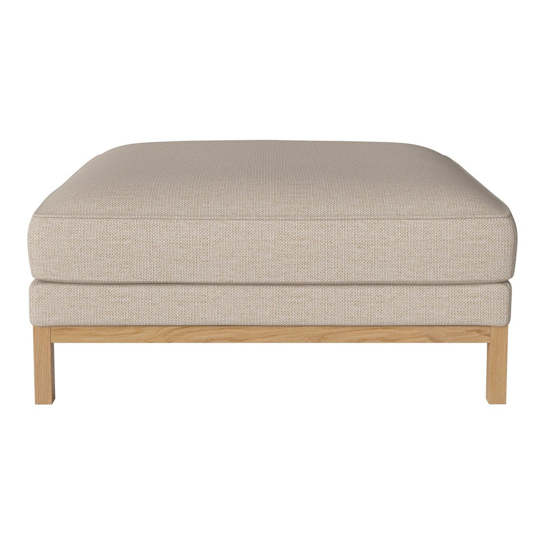 Beige upholstered ottoman with a simple, textured pattern and natural wood legs. Ideal for modern interiors.