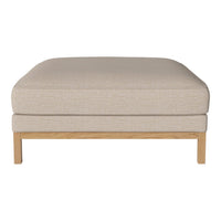 Beige upholstered ottoman with a simple, textured pattern and natural wood legs. Ideal for modern interiors.
