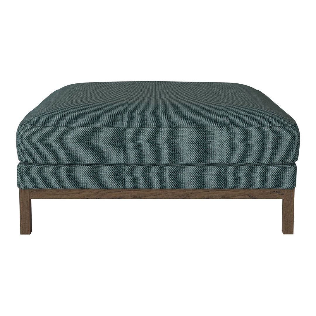 Teal upholstered ottoman with a simple, textured pattern and a wooden base, perfect for modern living spaces.