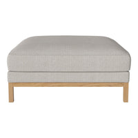 Light grey upholstered ottoman with a textured fabric and natural wooden legs, ideal for modern decor.