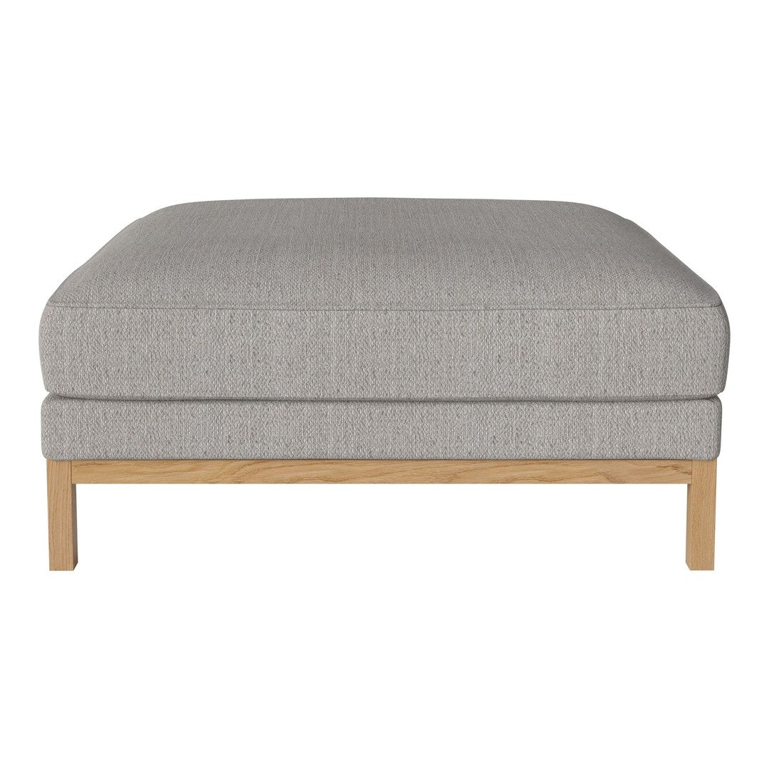 Light gray upholstered ottoman with a subtle textured pattern and natural wood legs. Perfect for modern decor.