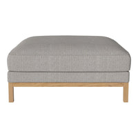 Light gray upholstered ottoman with a subtle textured pattern and natural wood legs. Perfect for modern decor.