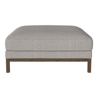Neutral gray upholstered ottoman with a textured pattern and wooden legs. Ideal for modern living spaces.