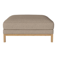 Beige upholstered ottoman with a smooth texture and natural wood legs, minimalistic design. Perfect for modern decor.