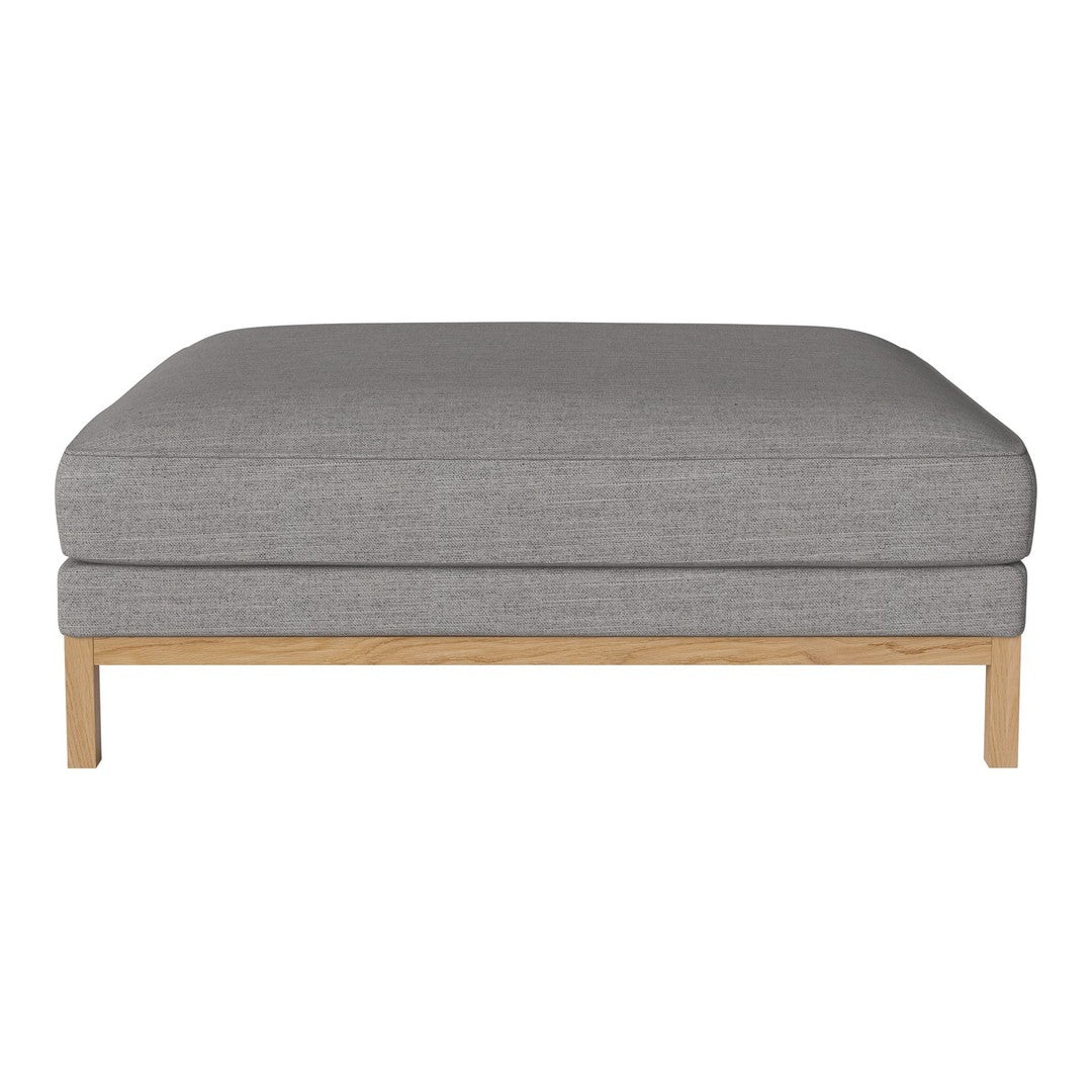 Gray fabric ottoman with a simple, modern design and natural wooden legs. Perfect for minimalist decor.