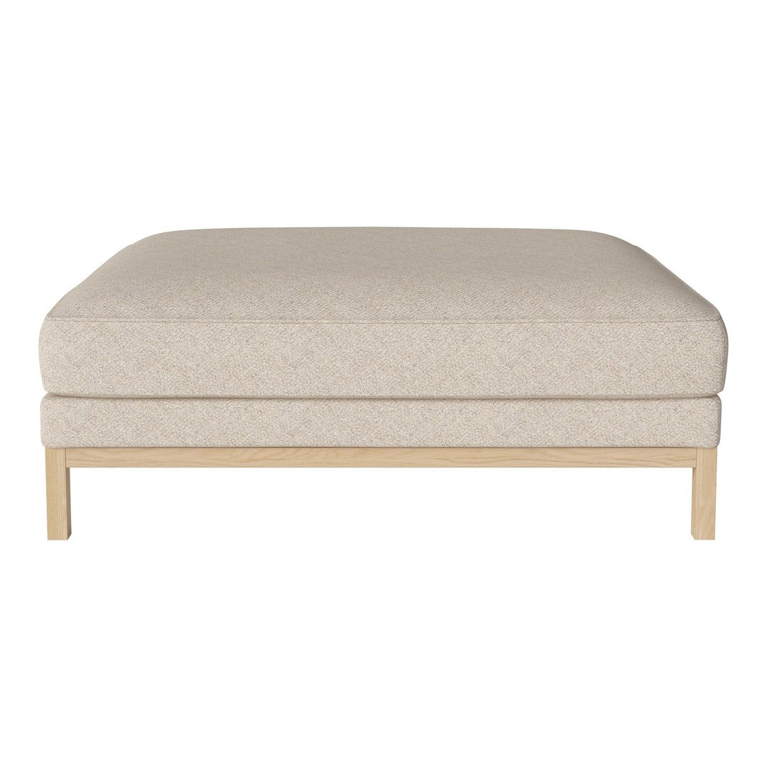 Light beige upholstered ottoman with a smooth texture and minimalist design, featuring a wooden base.