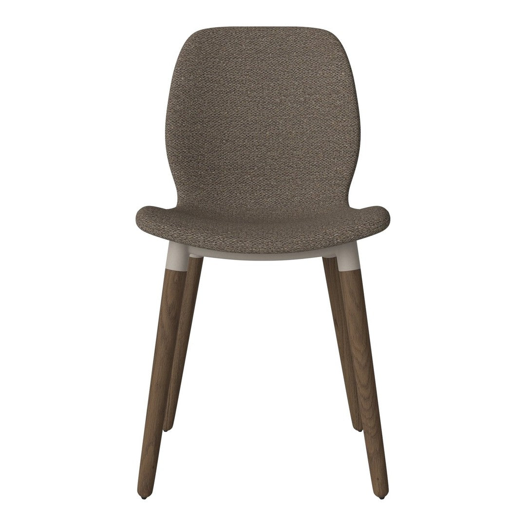Brown upholstered chair with textured fabric and wooden legs, featuring a simple, modern design.