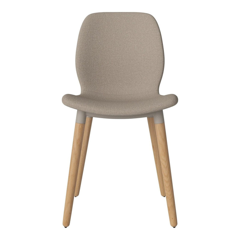 Beige upholstered chair with smooth contours and light wooden legs. Simple, modern design for versatile decor.