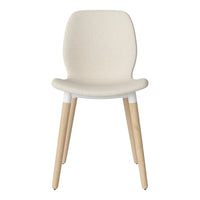 Cream-colored chair with a textured fabric seat and light wooden legs, minimalistic design.