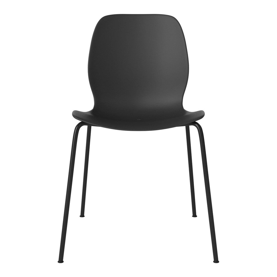 Black minimalist chair with a smooth, matte finish and sleek metal legs. Perfect for modern decor.