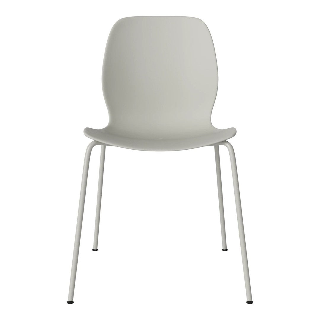 Modern minimalist chair in sleek matte white with a smooth, curved design and slender black legs.