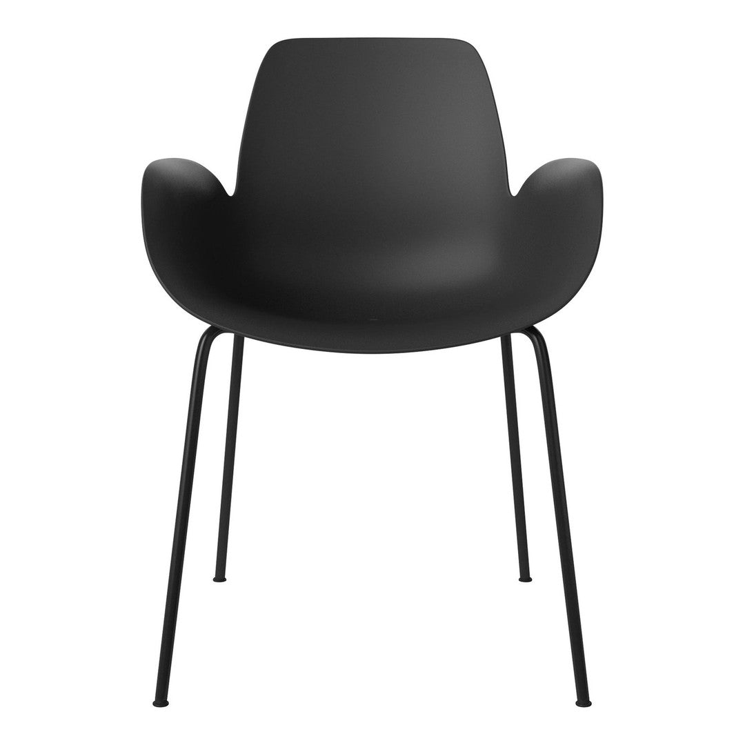 Black modern chair with a smooth matte finish and sleek black metal legs, featuring a minimalist design.