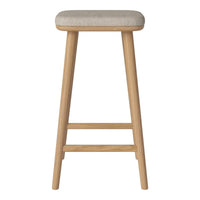 Light beige fabric seat atop natural wood legs, showcasing a minimalist and modern design.