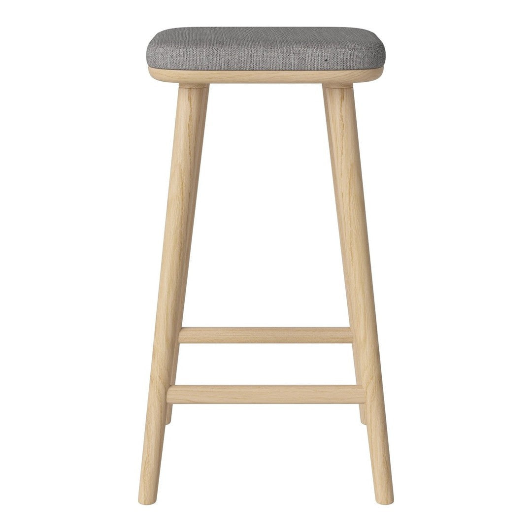 Gray upholstered seat with natural wood legs, clean lines and a minimalist design, perfect for modern decor.