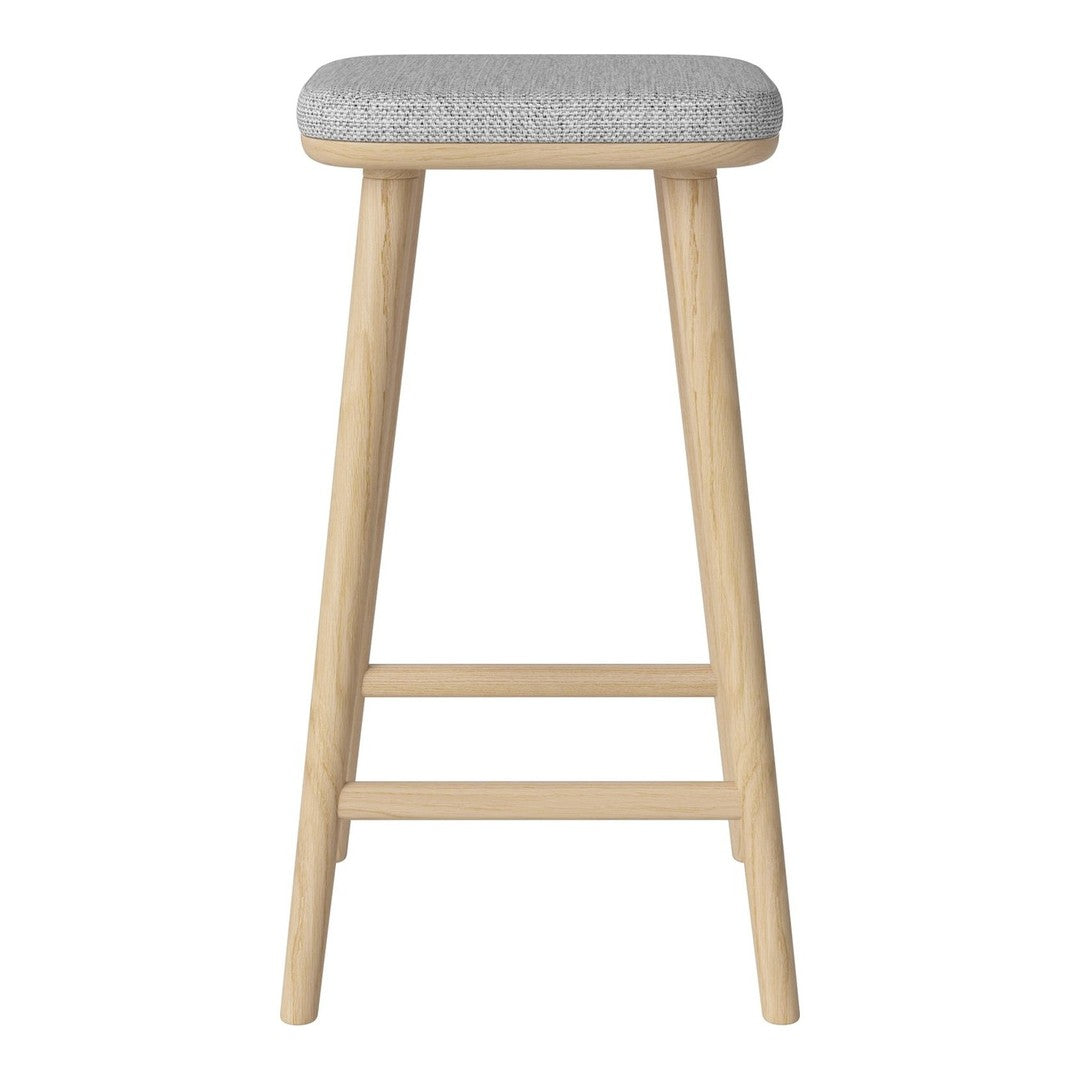 Light wood bar stool with a soft gray upholstered seat and clean, minimalist design.