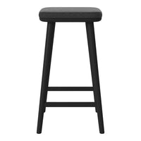 Black wooden bar stool with a simple, sleek design and a solid black seat. Ideal for modern decor.