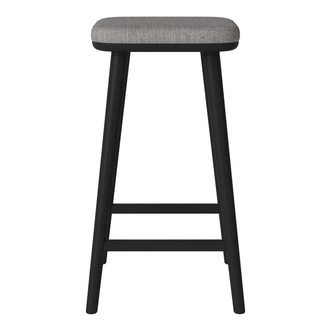 Black wooden bar stool with a solid gray upholstered seat, featuring clean lines and minimalist design.