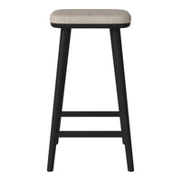 Black wooden bar stool with a light beige upholstered seat, featuring a minimalist design.
