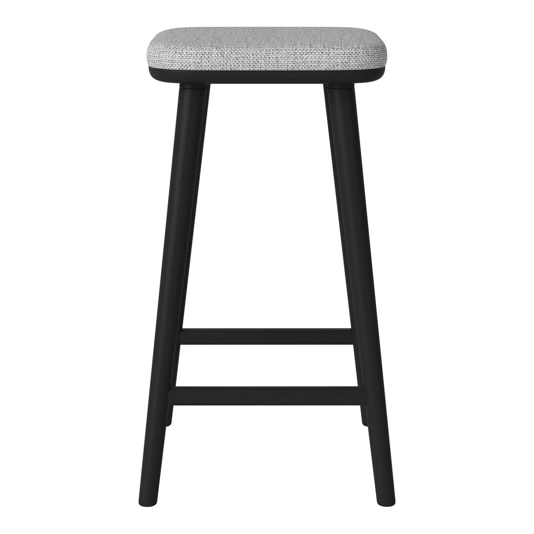 Modern black bar stool with a simple grey upholstered seat and minimalist design, perfect for contemporary decor.