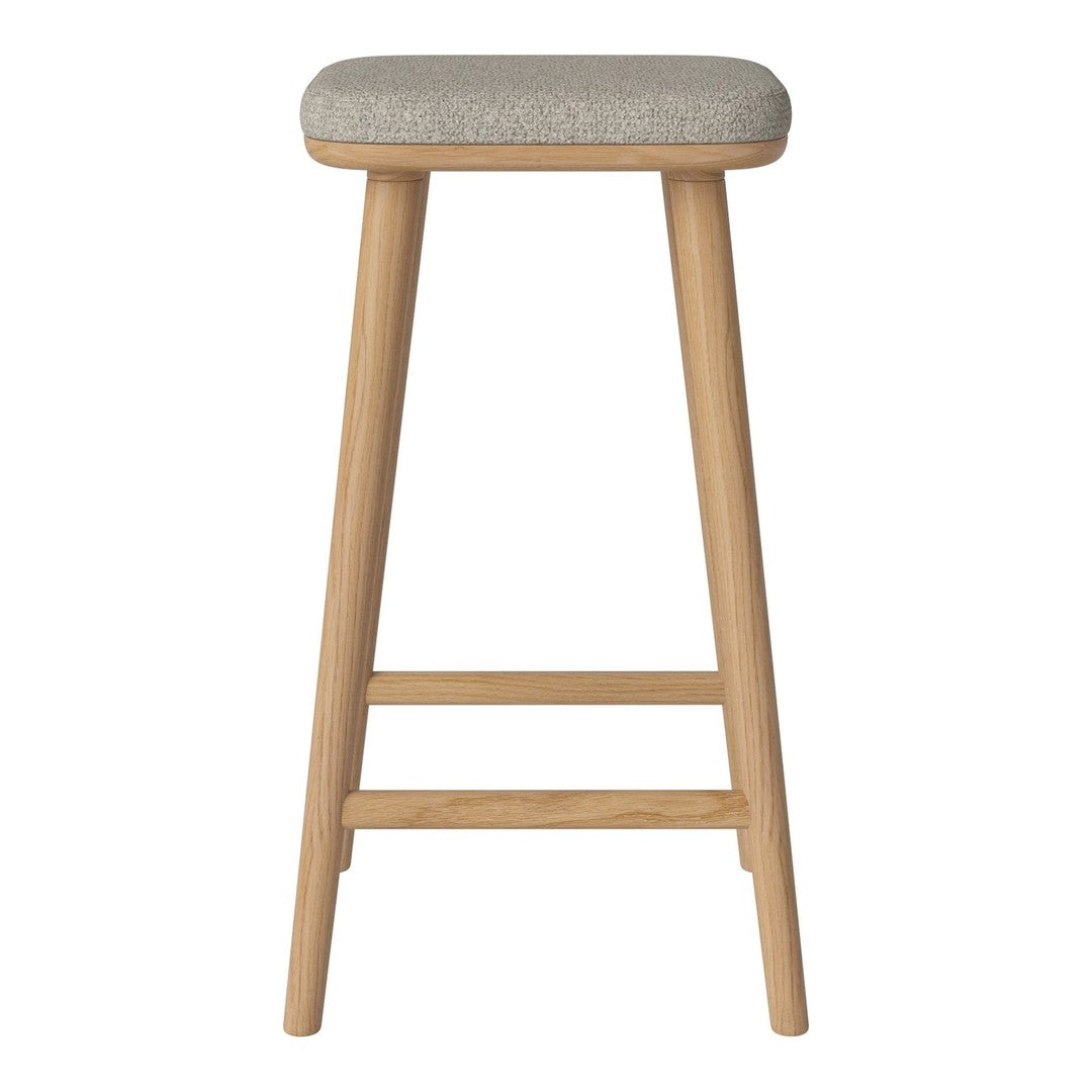 Beige upholstered seat, natural wood legs, minimalist design with clean lines and no ornate patterns.
