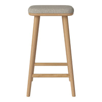 Beige upholstered seat, natural wood legs, minimalist design with clean lines and no ornate patterns.