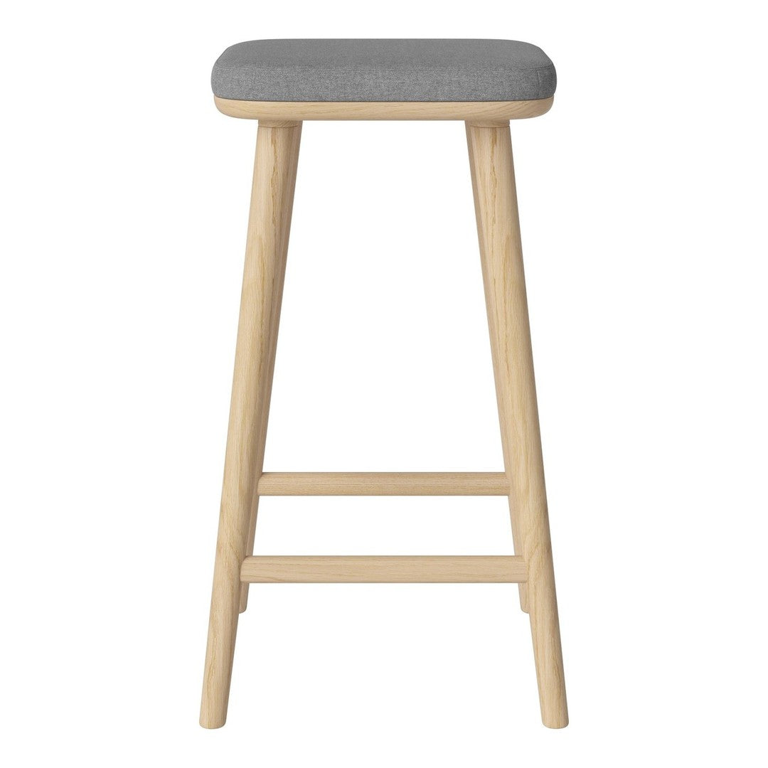 Grey upholstered bar stool with natural wood legs, featuring a minimalist design and clean lines. Perfect for modern decor.