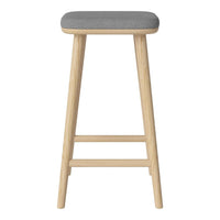 Grey upholstered bar stool with natural wood legs, featuring a minimalist design and clean lines. Perfect for modern decor.