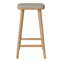 Light gray padded seat with natural wood legs, minimalistic design, perfect for modern decor.