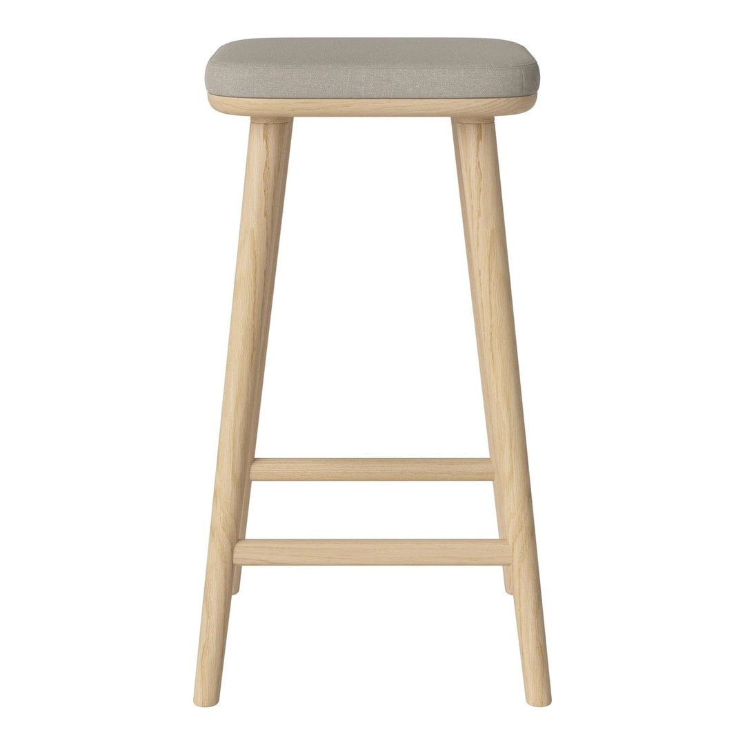 Light gray padded seat on natural wood legs, minimalist design with no visible patterns. Perfect for modern decor.