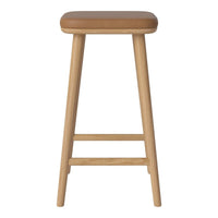 Natural wood bar stool with a smooth, tan cushioned seat, featuring simple, minimalist design.